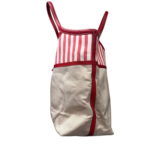 Vintage Ferragamo Red & Cream Striped Canvas Tote Bag Vara Bow - Picture 4 of 9